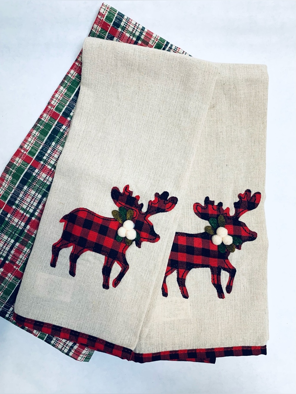 3 pc Kitchen towel dish towel set  Christmas reindeer Buffalo plaid embroidered